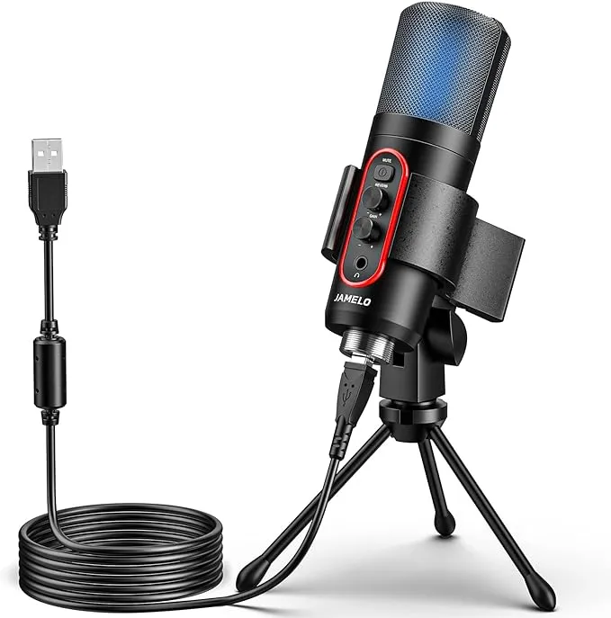 JAMELO Gaming Microphone, USB Computer Condenser Mic for PC/Laptop/Phone/PS4/5, RGB, Headphone Output, Volume Control,Plug and Play, Mute Button, for Streaming, Podcast, Studio Recording