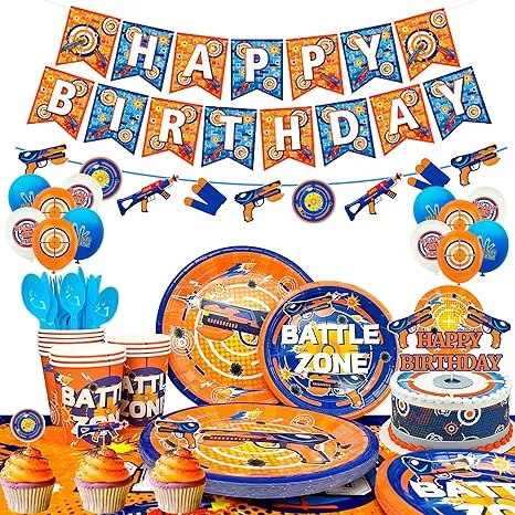 Dart War Party Supplies, 162pcs Dart War Birthday Decorations Tableware Set Dart War Party Plates Cups Napkins Tablecloth Dart War Balloons Banner Cake Topper etc Gun Party Supplies for Boys Birthday