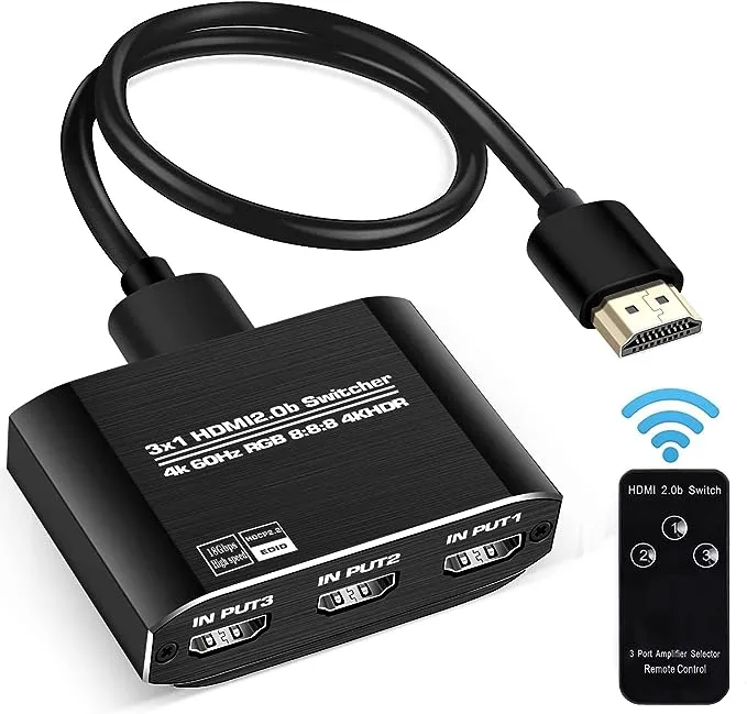 NEWCARE HDMI 2.0b Switch 3 in 1 Out 【with High Speed 3.9 FT HDMI Cable】, 3x1 HDMI Selector Switch with Remote,Support UHD 4K@60Hz Ultra HD 3D 1080P, HDCP 2.2 HDR,18.5Gbps HDMI Switcher