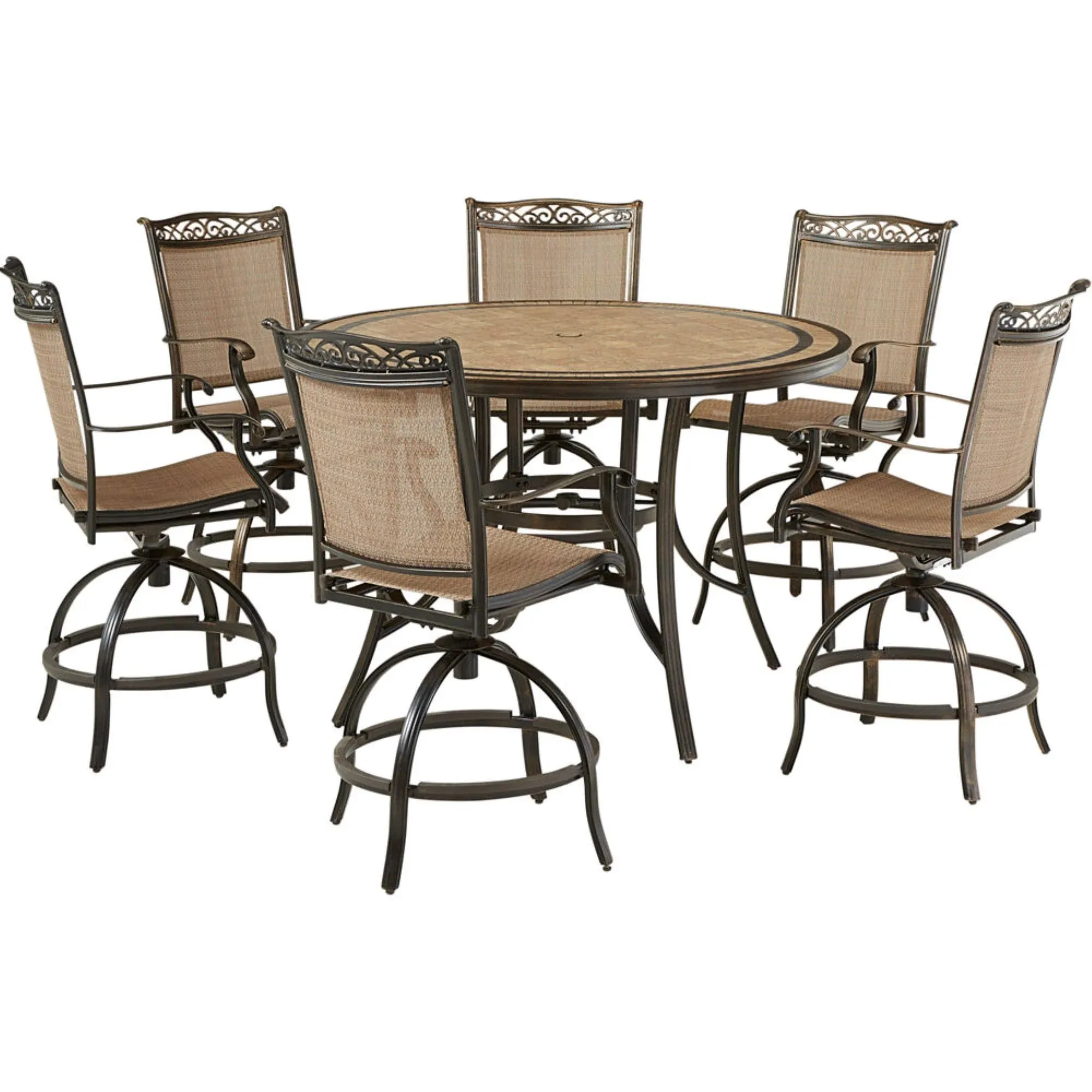 Hanover Fontana 7-Piece Outdoor High-Dining Patio Set, 6 Sling Swivel Counter-Height Chairs and 56" Round Tile-Top Table, Brushed Bronze Finish, Rust-Resistant, All-Weather - FNTDN7PCPBRTN