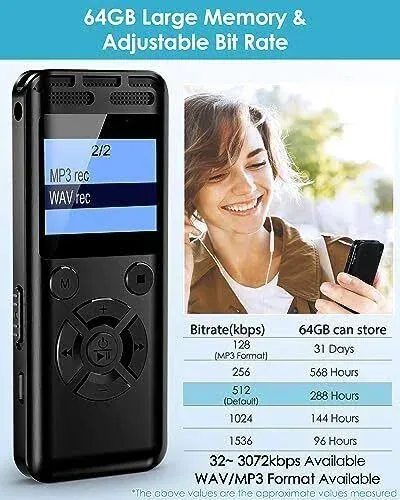 64gb Digital Voice Recorder Voice Activated Recorder With 560mah Large