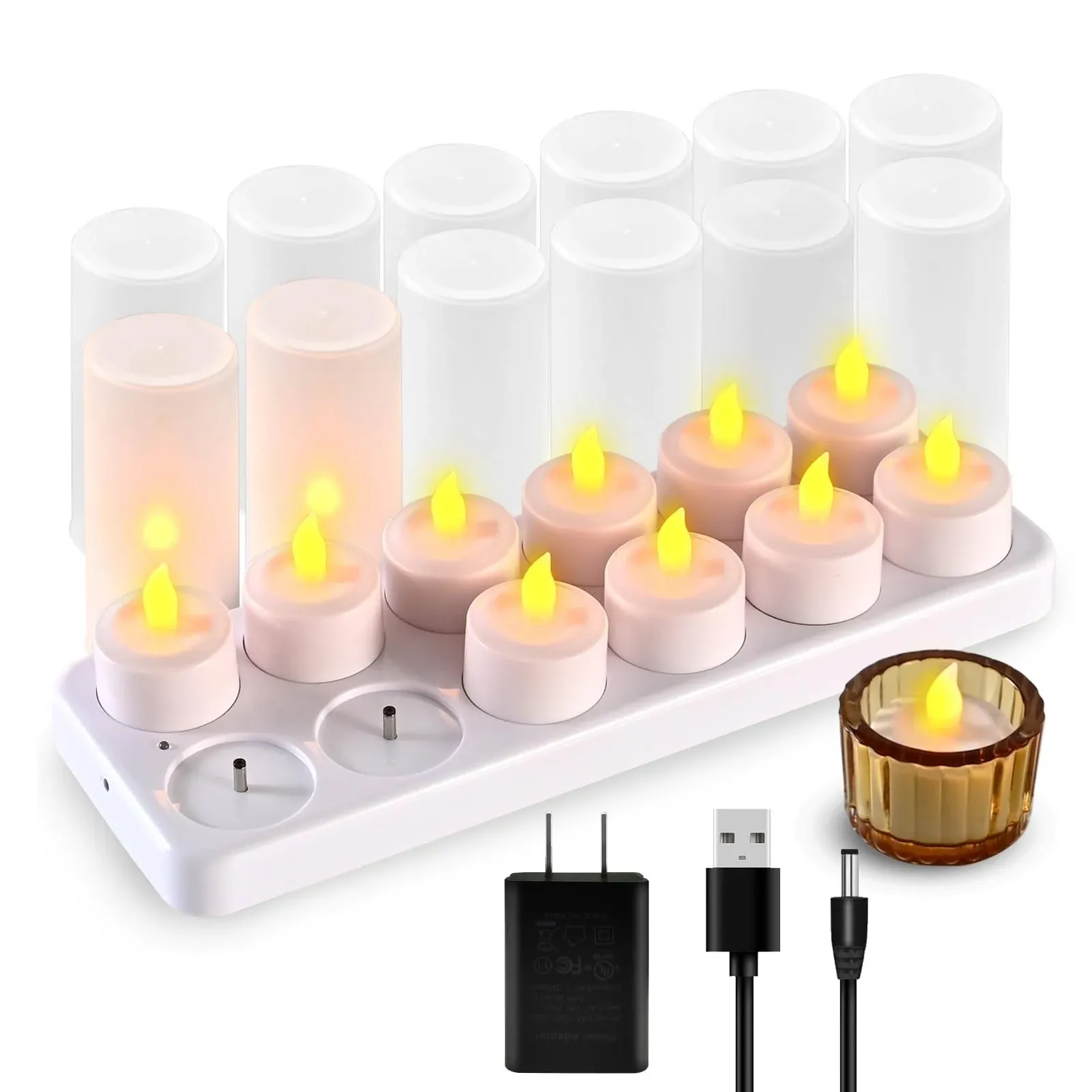 Yme Rechargeable Tea Lights Candles with Charger Storage Base, 12 Pack Battery Operated LED Flameless Tealight Candles with Remote Timer for General Fireplace Halloween Pumpkins Christmas Party Decor