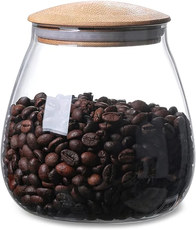 800 ML/26 FL OZ Clear Cute Glass Storage Canister Holder with Airtight Bamboo Lid, Round Modern Decorative Container Jar for Coffee, Spice, Candy, Salt, Cookie, Condiment, Pepper, Sugar