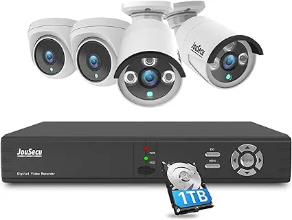 JouSecu 8CH Home Security Camera System Outdoor Indoor, 2MP HD 5-in-1 Surveillance DVR Recorder and (4) Wired 1080P CCTV Bullet Dome Cameras with Night Vision, Email Alert, 1TB Hard Drive