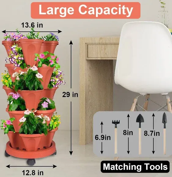 Vertical Planter 5 Tier Stackable Planters Garden Planters Strawberry Herb Flower and Vegetable Planter Indoor Outdoor Gardening Pots with Removable Wheels and Tools