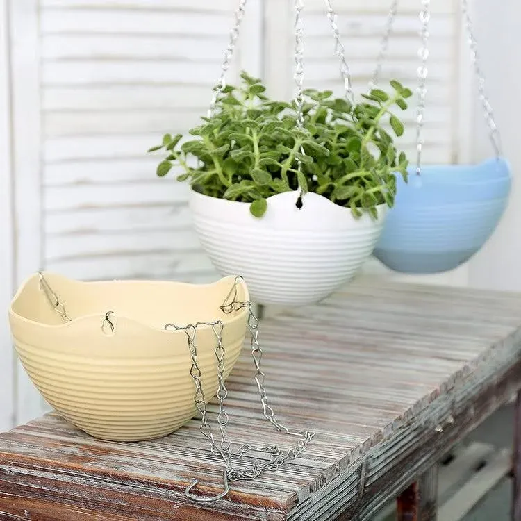 MyGift Colorful Self-Watering Hanging Planter Indoor Pots, Flower Succulent Plant Container with Metal Chain, Set of 3 (Blue/Yellow/White)