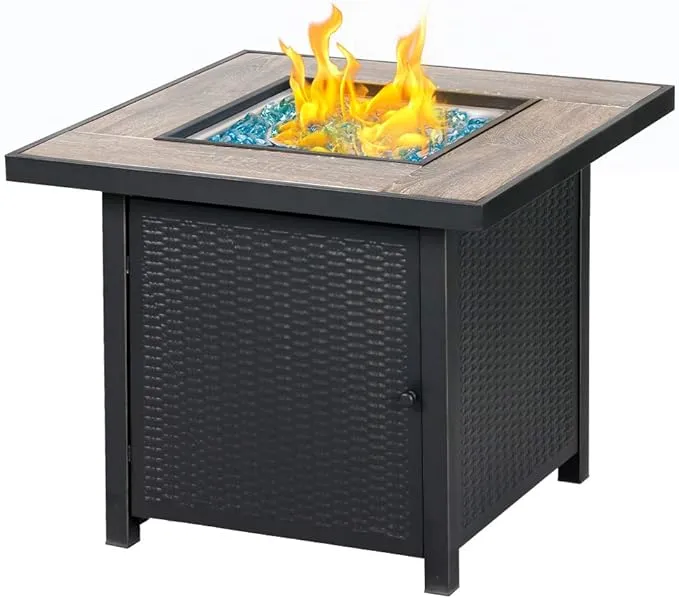 Bali Outdoors Propane Gas Fire Pit Table, 30 inch 50,000 BTU Square Gas Firepits with Fire Glass for Outside