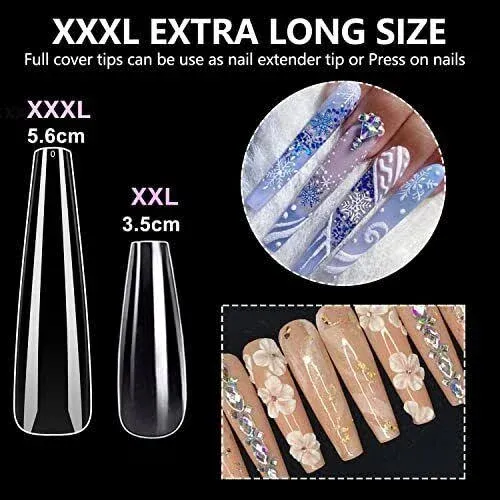 XXXL Coffin Nail Tips Full Cover, 300Pcs 3XL Extra Long 54mm Coffin Nail Tips Sharp Full Coverage Clear False Nail Artificial Nails with Case, Ideal for Press On Nails DIY Home Manicure& Salon,12 Size