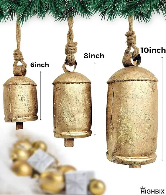 HIGHBIX Set of 3 Giant Harmony Cow Bells Huge Vintage Handmade Rustic Lucky Christmas Hanging XL Bells On Rope (Hand Painted, X-Large)