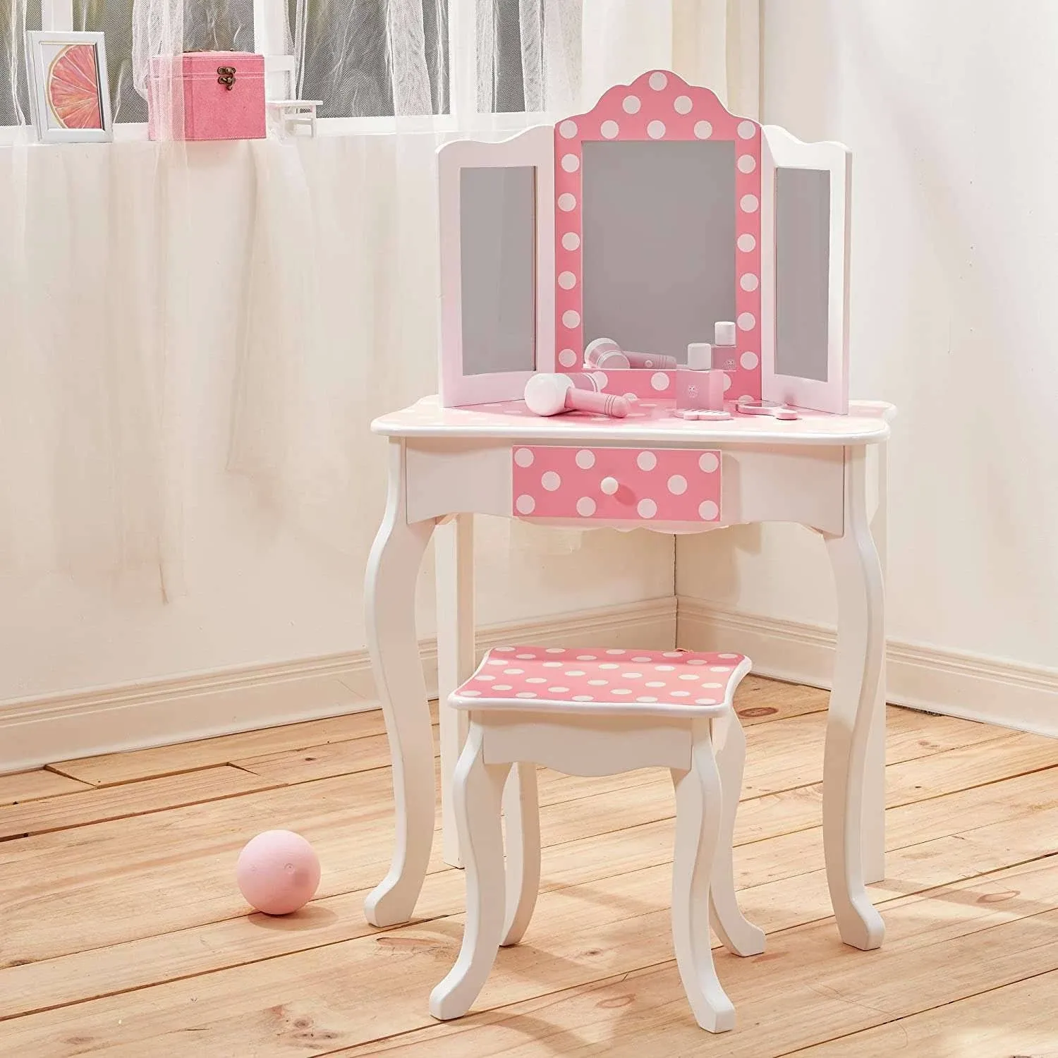 Teamson Kids Princess Gisele Polka Dot Print 2-Piece Kids Wooden Play Vanity Set with Vanity Table, Tri-Fold Mirror, Storage Drawer, and Matching Stool, White with White/Pink Polka Dot Accent