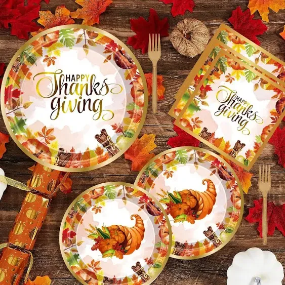 Fall Party Supplies Thanksgiving Autumn Decorations-96 PCS Autumn Thanksgiving Disposable Dinnerware Set with Maple Leaves Gold Paper Plates Napkins and Forks for Harvest Celebrations