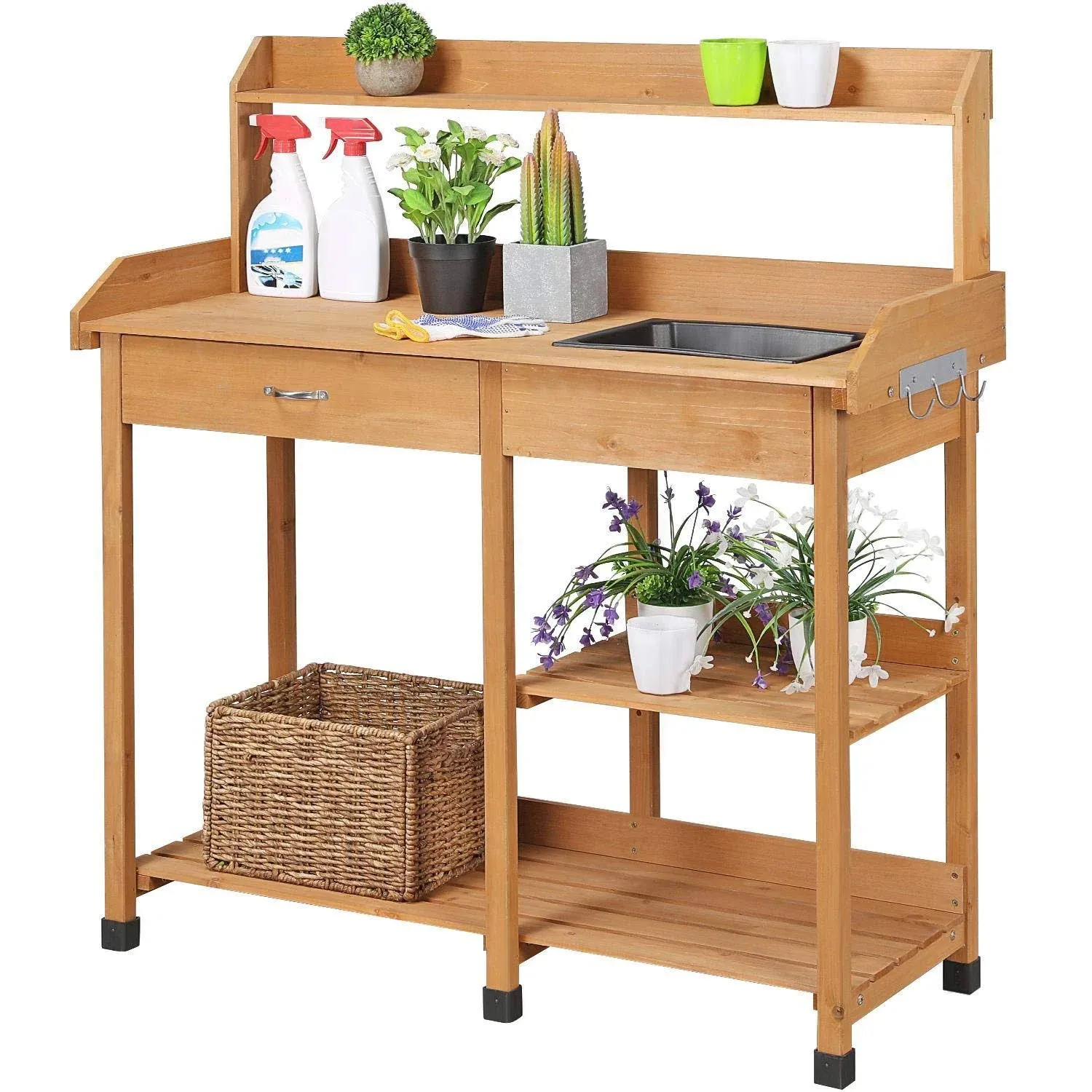 Yaheetech Outdoor Potting Bench Table Potters Benches Garden Workstation for Horticulture with Drawer/Adjustable Shelf Rack/Removable Sink/Hooks