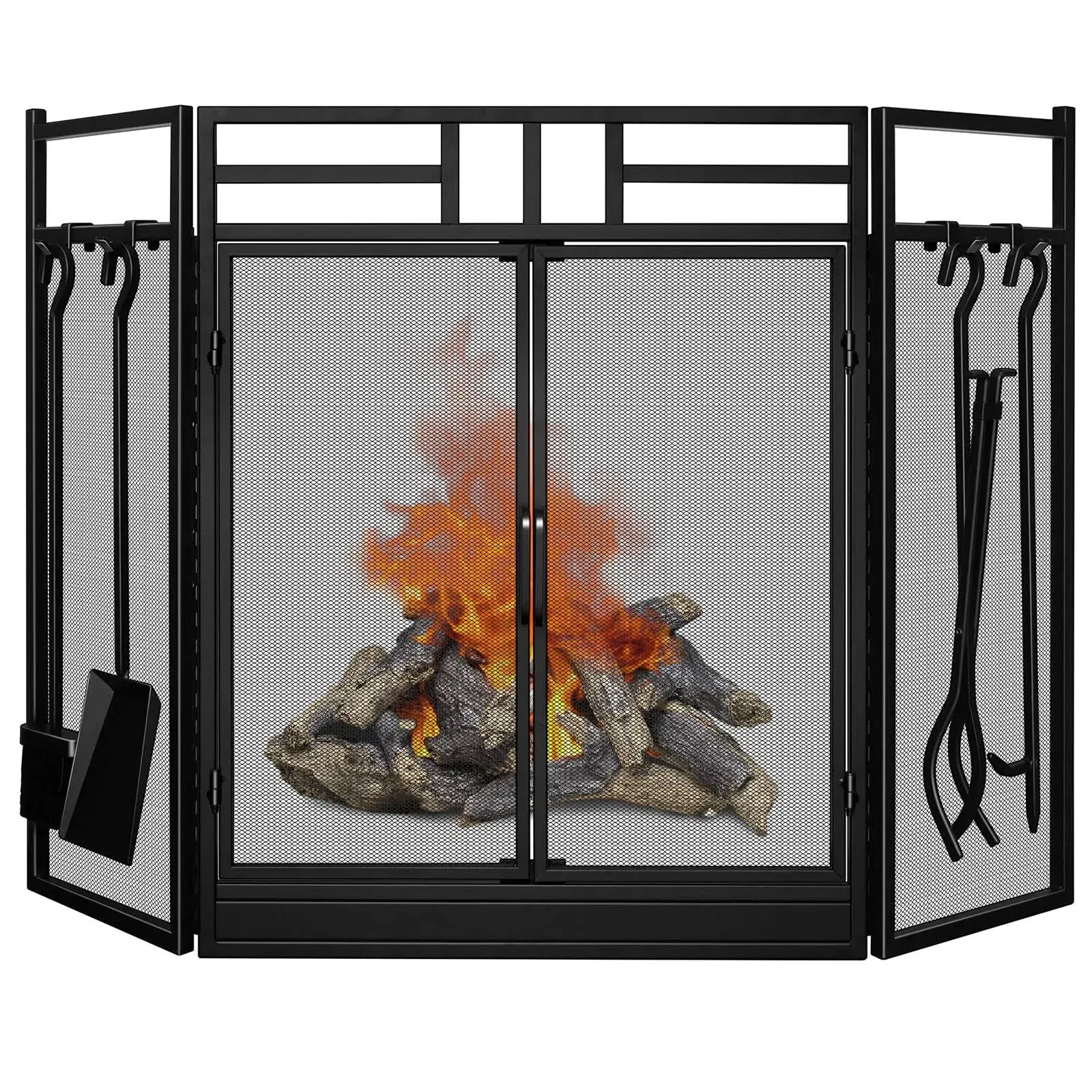 AMAGABELI GARDEN & HOME 24.5" W x 31.5" H Fireplace Screen with Doors 3 Panel Folding Extra Large Flat Guard with Tools Fire Screen Indoor Outdoor Decorative Metal Mesh Wrought Iron Spark Guard Black