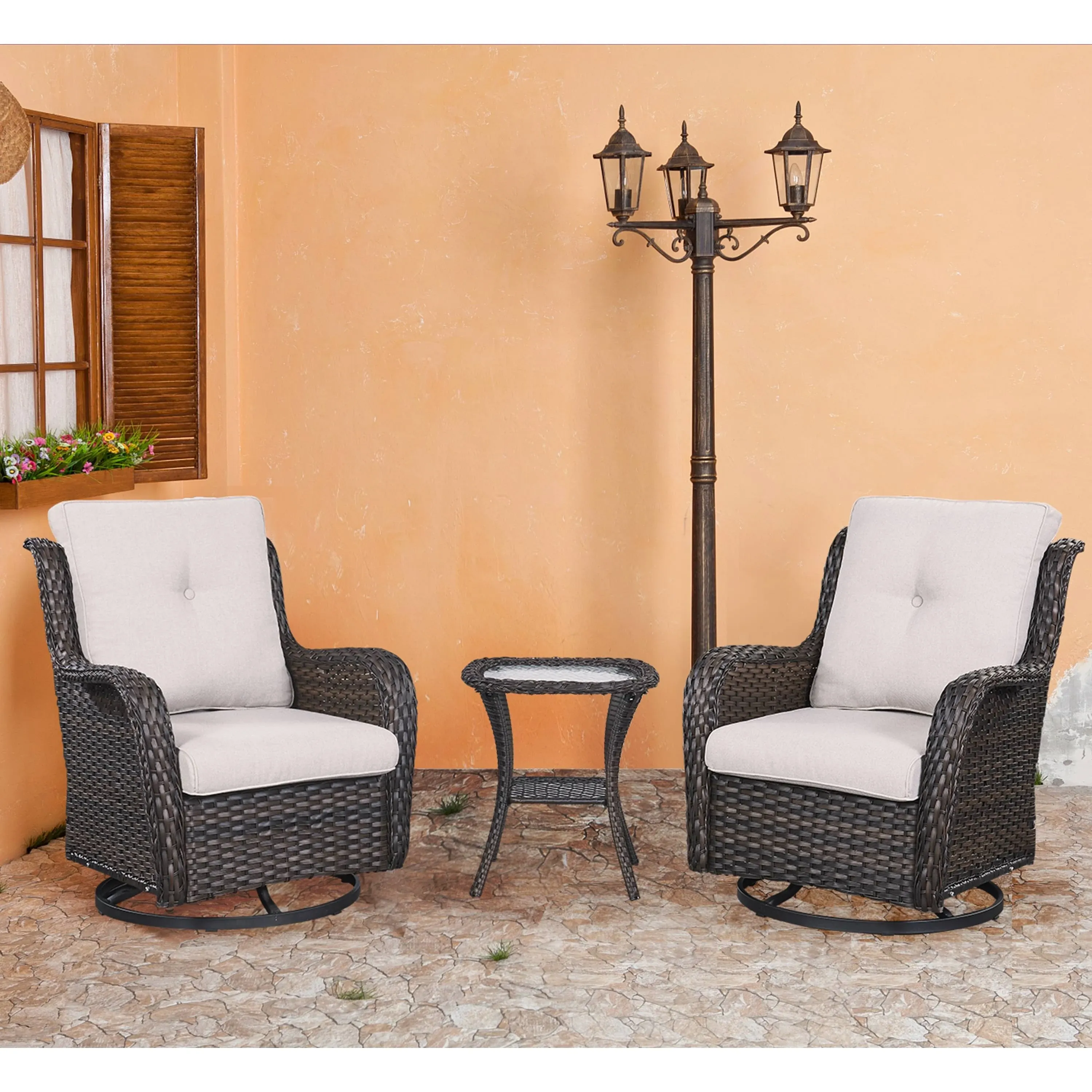 Pocassy 3-Piece Outdoor Swivel Bistro Set, Wicker Rocking Chairs Brown/Beige