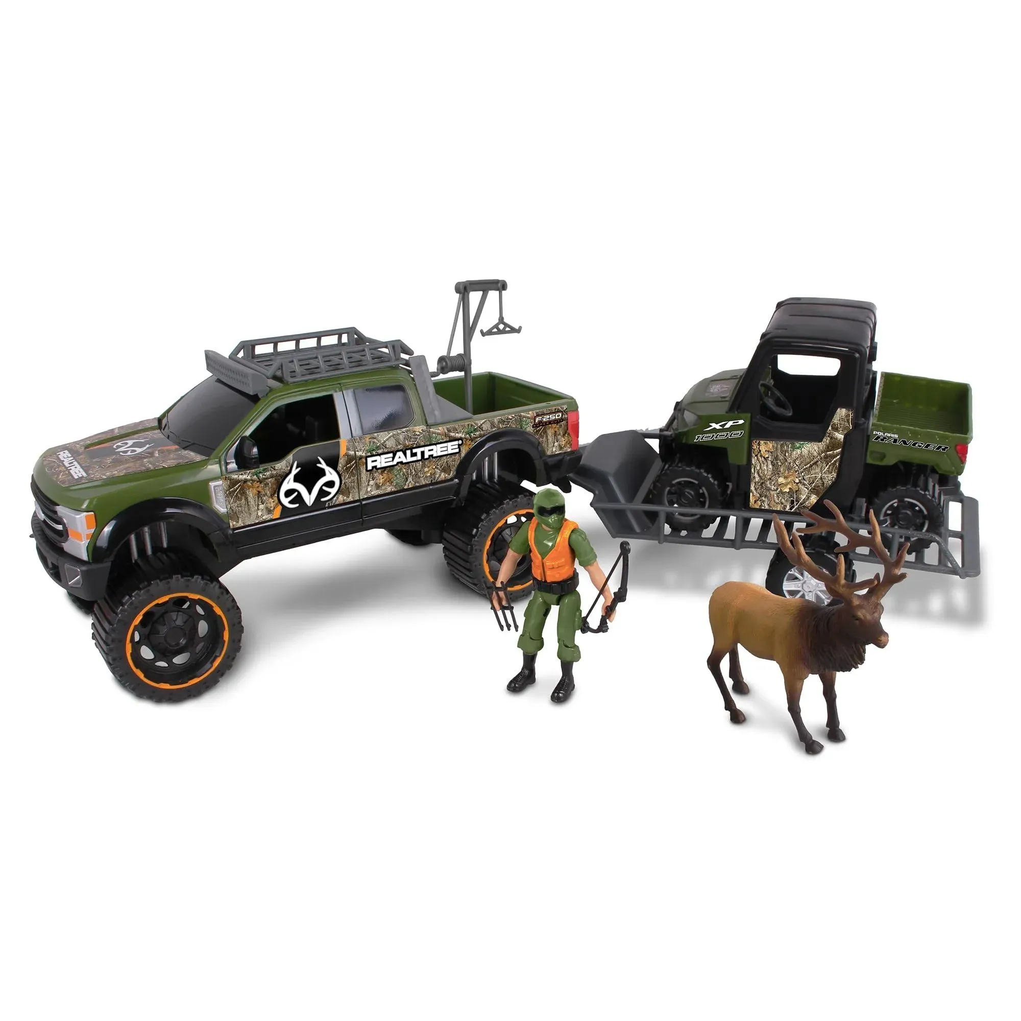 NKOK Realtree 1/18 Scale Free-Wheel Playsets 10-PC Set, RT Ford F-250 Super Duty w/ Polaris Ranger on Trailer & Accessories (Roof Rack, Hunter, Helmet, Game Hoist, Roll Bar, Elk, Bow&Arrows)