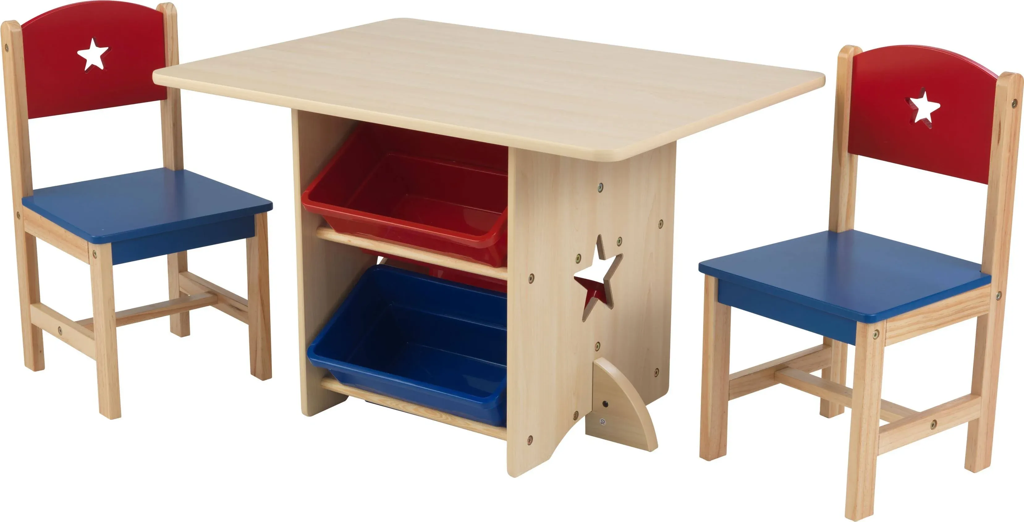 KidKraft Wooden Star Table & Chair Set with 4 Storage Bins, Children's Furniture – Red, Blue & Natural