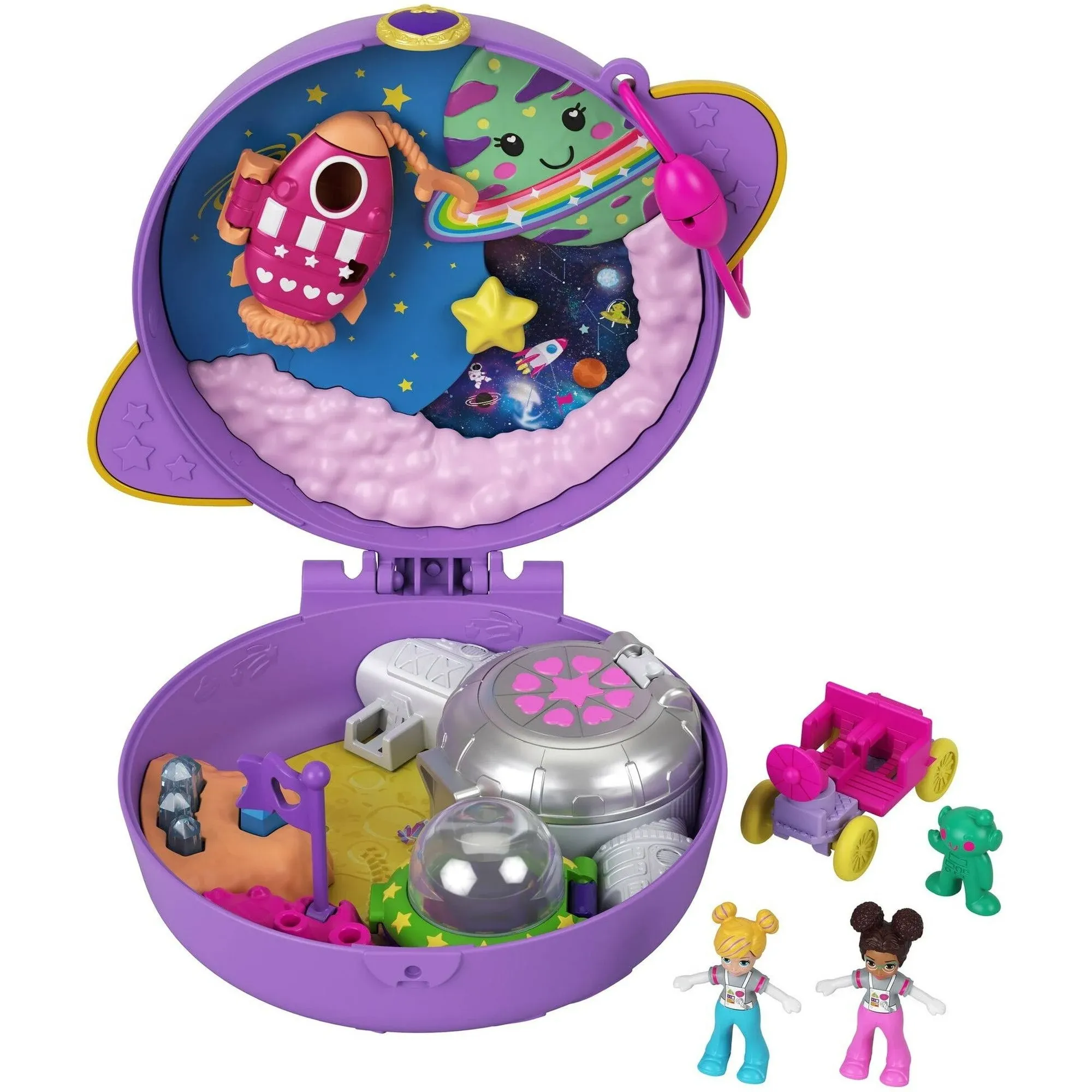 Polly Pocket Playset, Travel Toy with 2 Micro Dolls, Toy Car & Surprise Accessories, Saturn Space Explorer Compact