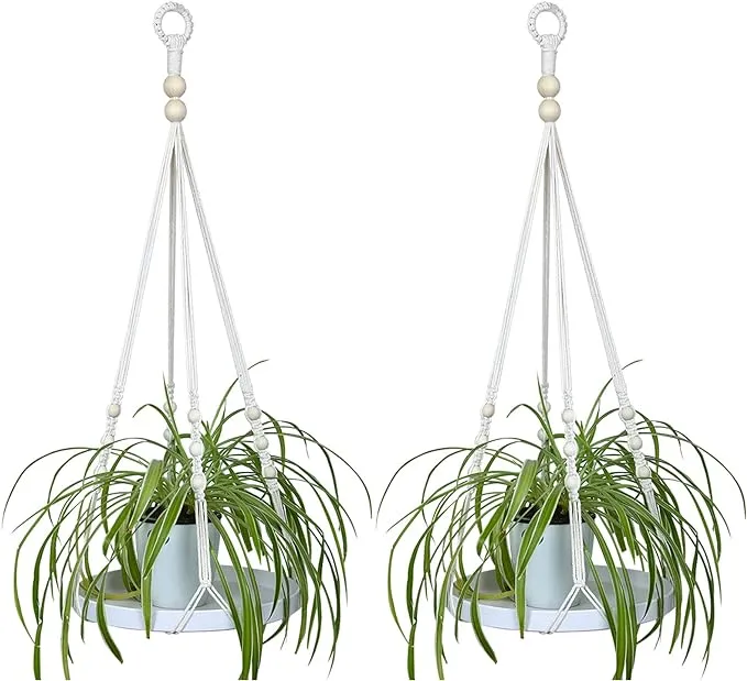 Macrame Plant Hanger- [2PACKS] Boho Hanging Planter - Hanging Planter Shelf for Indoor Plants- Bohemian Decorative Home Flower Pot Holder (2Packs-White with Beads)