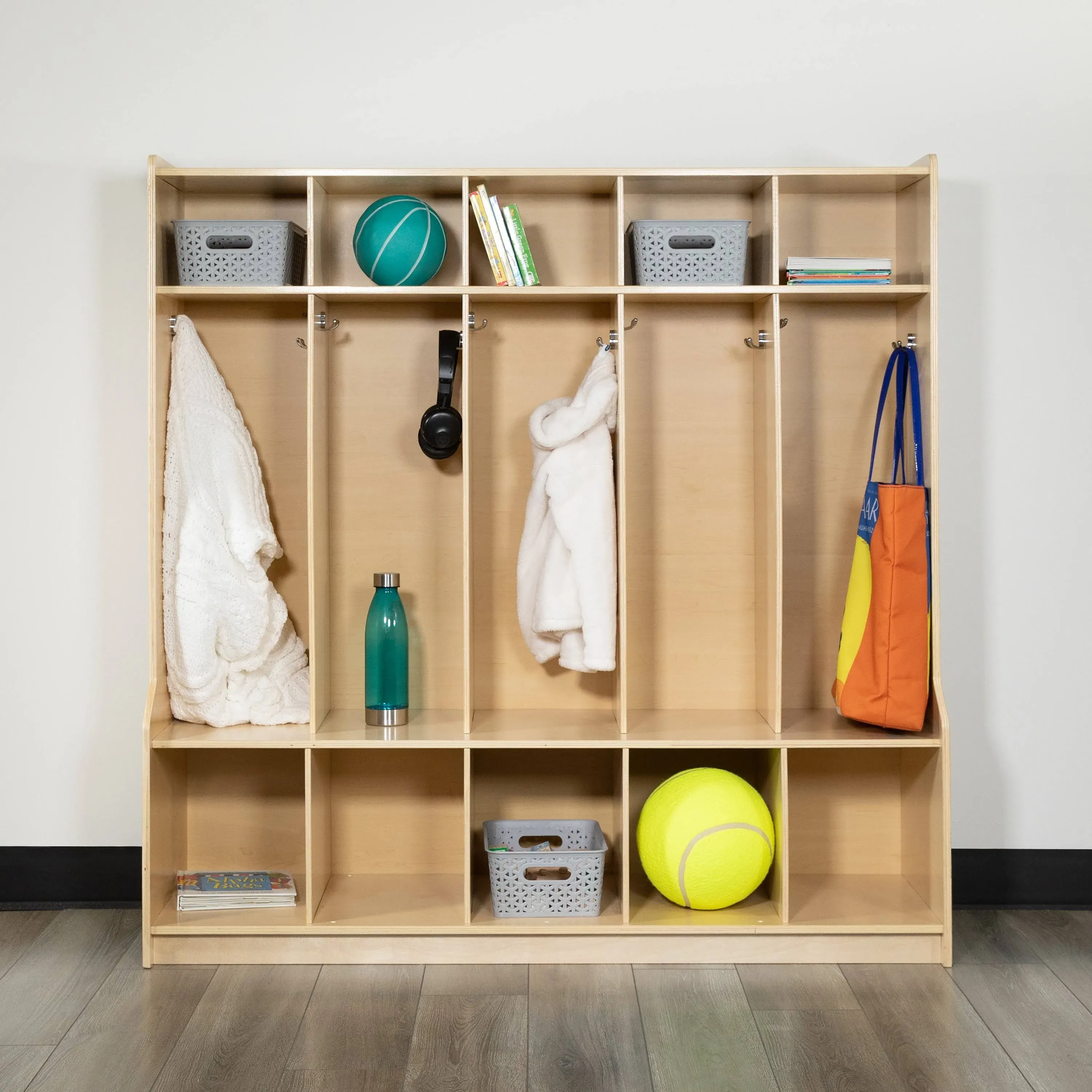 Wooden 5-Section School Coat Locker with Bench, Cubbies, and Storage - Natural