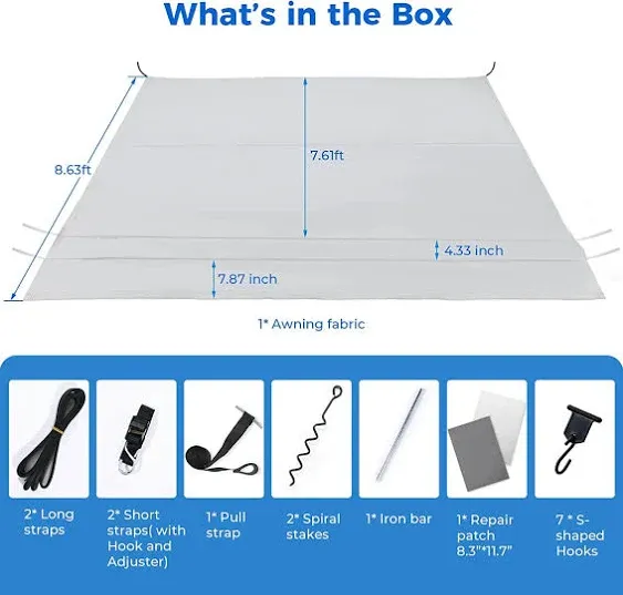 Fonzier RV Awning Fabric Replacement with Awning Tie Down Kits & 7 Awning Hooks & Pull Strap for Trailer Camper Awning