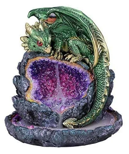 Ebros LED Light Wyrmling Dragon On Crystal Geode Backflow Incense Cone Burner