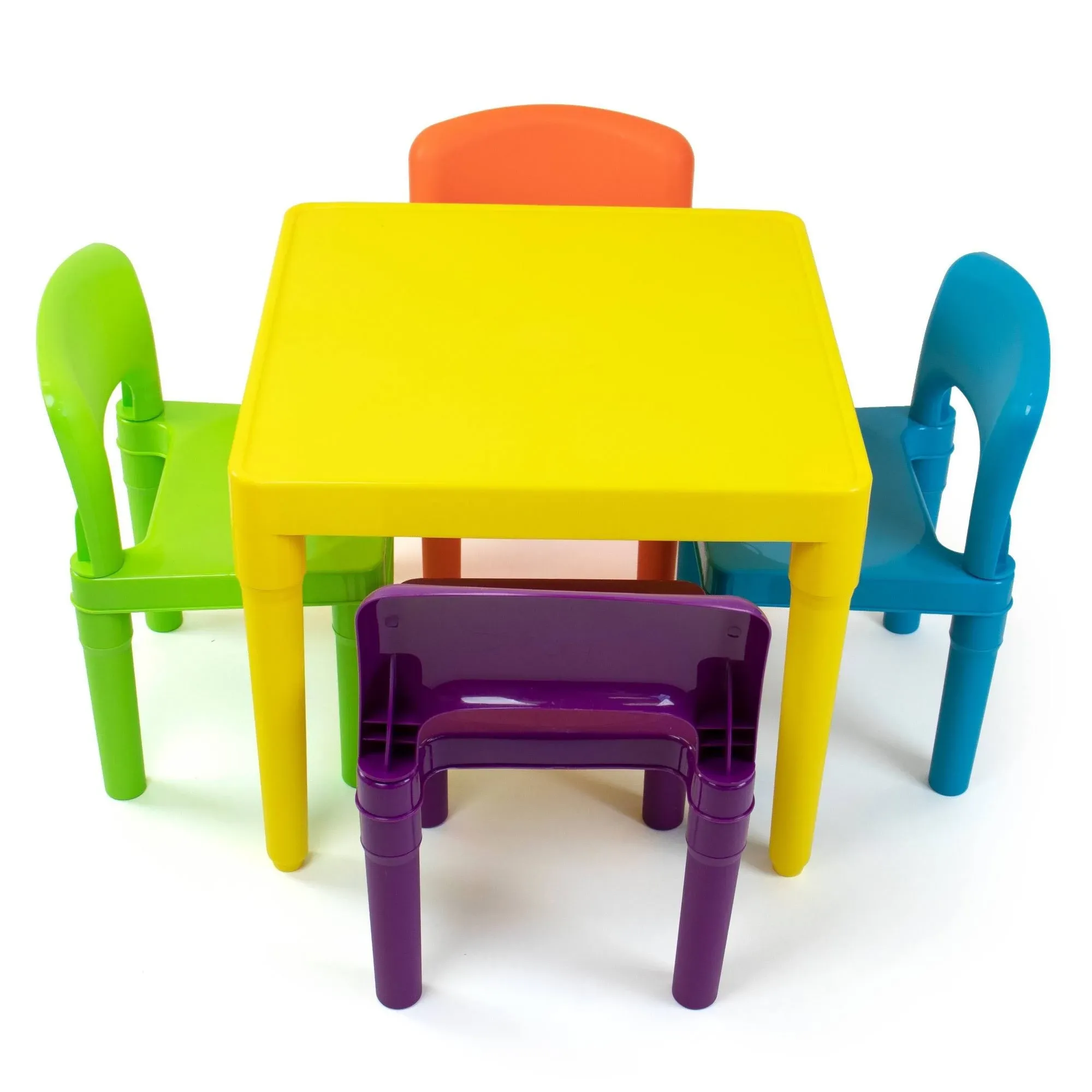 Humble Crew, Blue Table & Red/Green/Yellow/Purple Kids Lightweight Plastic Table and 4 Chairs Set, Square