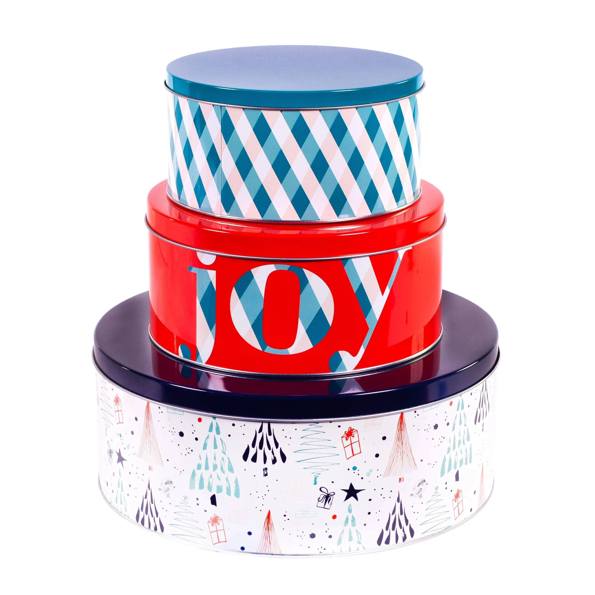 Steel Mill & Co Tin Containers with Lids, 3 Pack Christmas Cookie Tins, Festive Cookie Tins for Gift Giving & Holiday Treats, Round Metal Nesting Containers, Large Medium Small, Joy Plaid