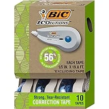 BIC Ecolutions Wite-Out Brand Correction Tape, 19.8 Feet, 10-Count Pack, Correction Tape Made from 56% Recycled Plastic Excluding Tape