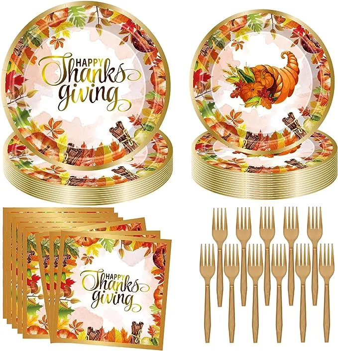 Fall Party Supplies Thanksgiving Autumn Decorations-96 PCS Autumn Thanksgiving Disposable Dinnerware Set with Maple Leaves Gold Paper Plates Napkins and Forks for Harvest Celebrations