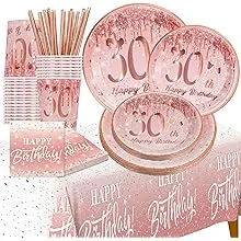 30th birthday decorations for women her - (Total 121pcs) rose gold Birthday supplies Plates and Napkins, Cups, Straws, tablecloth, Disposable Tableware for 24 Guests