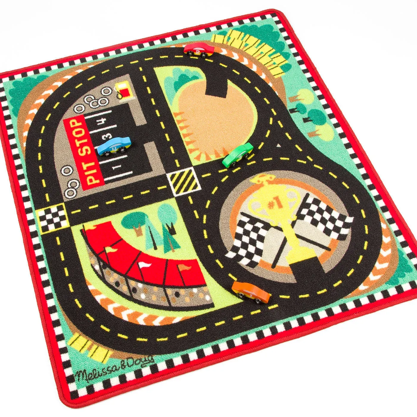 Melissa & Doug Round the Speedway Race Track Rug With 4 Race Cars (39 x 36 inches) , Black