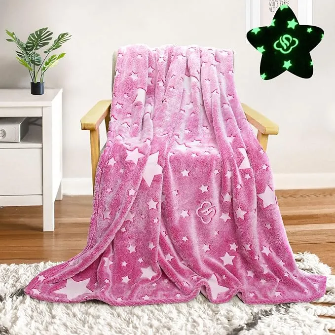 Glow in The Dark Blanket Pink Stars Flannel Throw Blanket Birthday Gift for G...