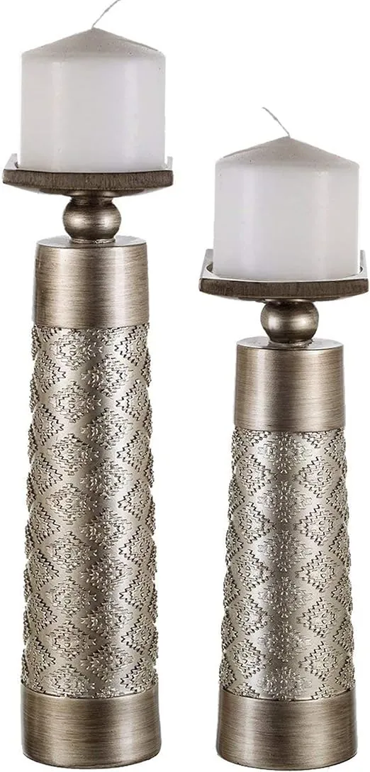 Dublin Decorative Candle Holder Set of 2 - Home Decor Pillar Candle Stand, Coffee Table Mantle Decor centerpieces for Fireplace, Living or Dining Room Table, Gift Boxed (Brushed Silver)