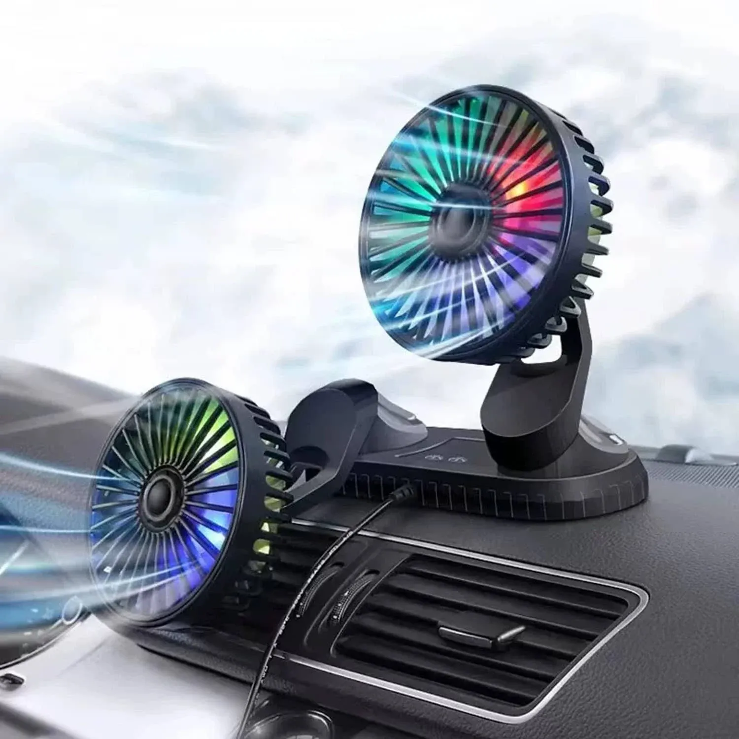 Car Fan,360° Adjustable Dual Head Cooling Air Fan USB Fan Vehicle Fan with Coloured Light Brushless Motor for Car Truck Van SUV RV Boat