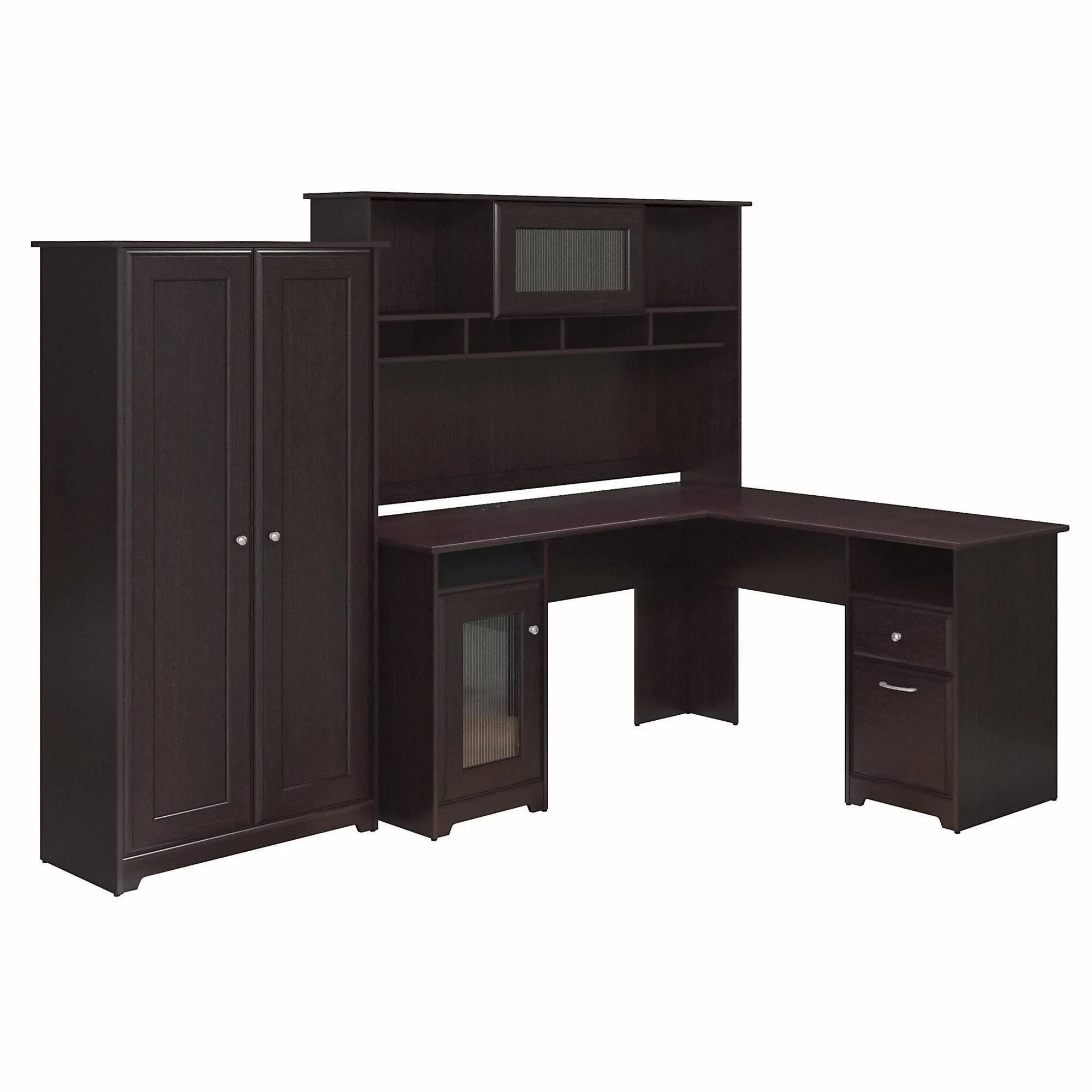 Cabot L Shaped Desk with Hutch and Tall Storage Cabinet with Doors Espresso Oak ...