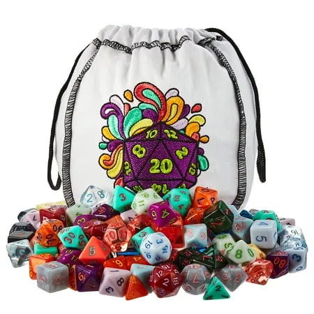 Wiz Dice Bag of Splendor - 140 Polyhedral Dice in 20 Sets - Complete Collection of Series IV Dice in Embroidered Dice Bag - TTRPG Role-playing Bulk Tabletop RPG Gaming Accessories - D20 D6 D4