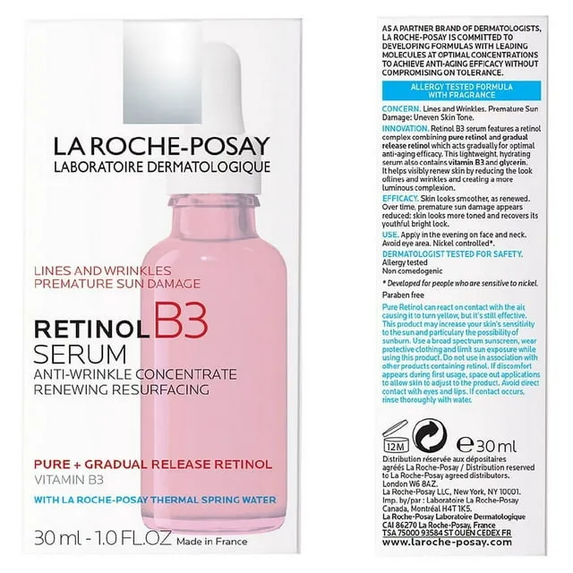 La Roche-Posay Pure Retinol Face Serum with Vitamin B3. Anti Aging Face Serum for Lines, Wrinkles & Premature Sun Damage to Resurface & Hydrate. Suitable for Sensitive Skin, 1.0 Fl. Oz