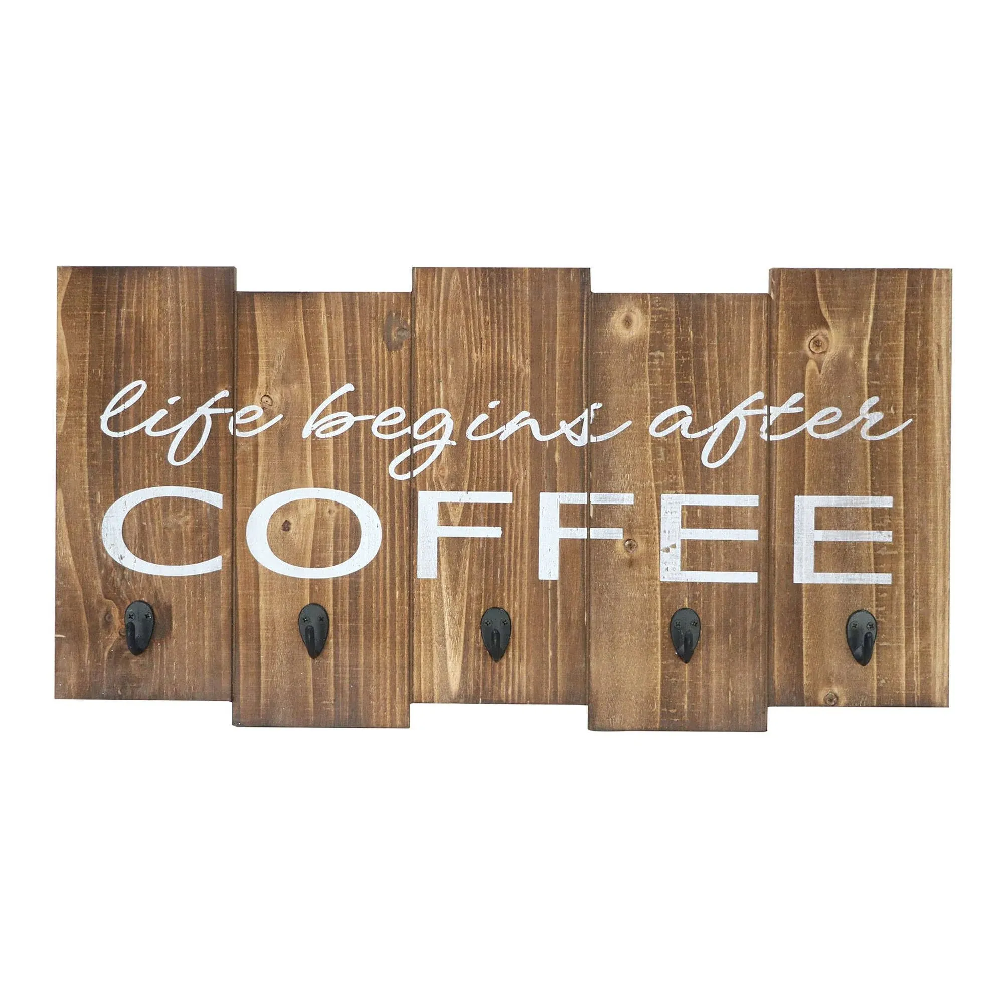 Barnyard Designs Life Begins After Coffee Hanging Mug Holder, Wall Mounted Coffee Cup Organizer Rack, Rustic Farmhouse Wood Wall Decor Sign, for