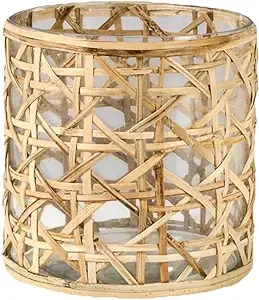 Serene Spaces Living Saigon Cane Wrapped Glass Hurricane Candle Holder, Candle Centerpieces for Tables, Wedding Reception Vases, for Living Room, Fireplace Mantel, Measures 4.75" Tall & 4.5" Diameter