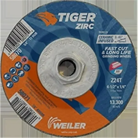 Weiler Tiger Zirc Grinding Wheel, 4-1/2 in Dia., 1/4 in Thick, 5/8 in-11 Arbor