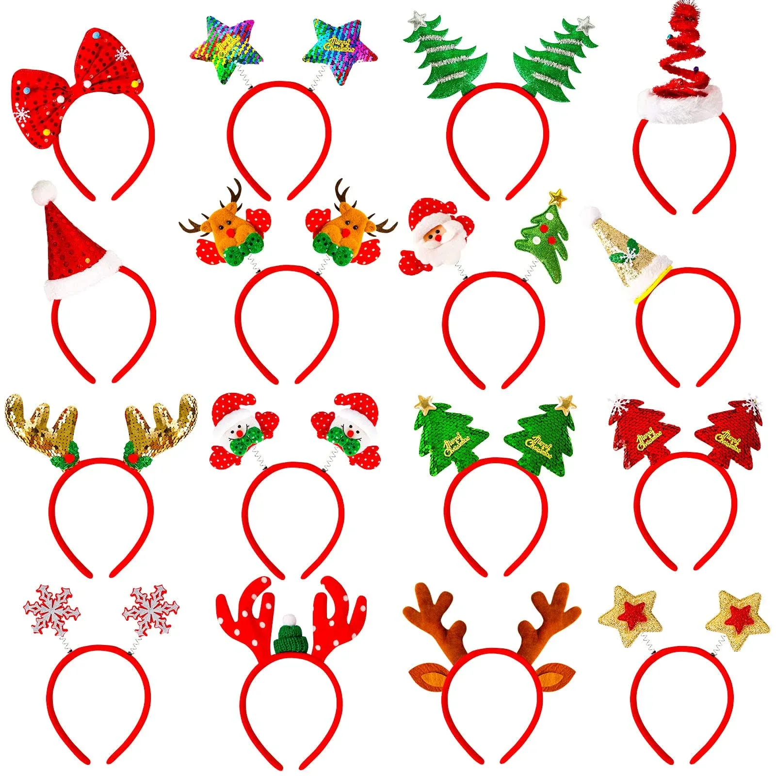 MGparty 16 pcs Christmas Headbands Christmas Parties Favors Decoration Supplies Xmas Gifts Photo Booth Xmas Tree Snowman Reindeer Antlers Santa Hat