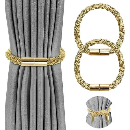 VEGCOO 4 Pack Strong Magnetic Curtain Tiebacks Modern Simple Style Drape Tie Backs Convenient Decorative Weave Rope Curtain Holdbacks for Thin or Thick Home & Office Window Draperies (Gold)