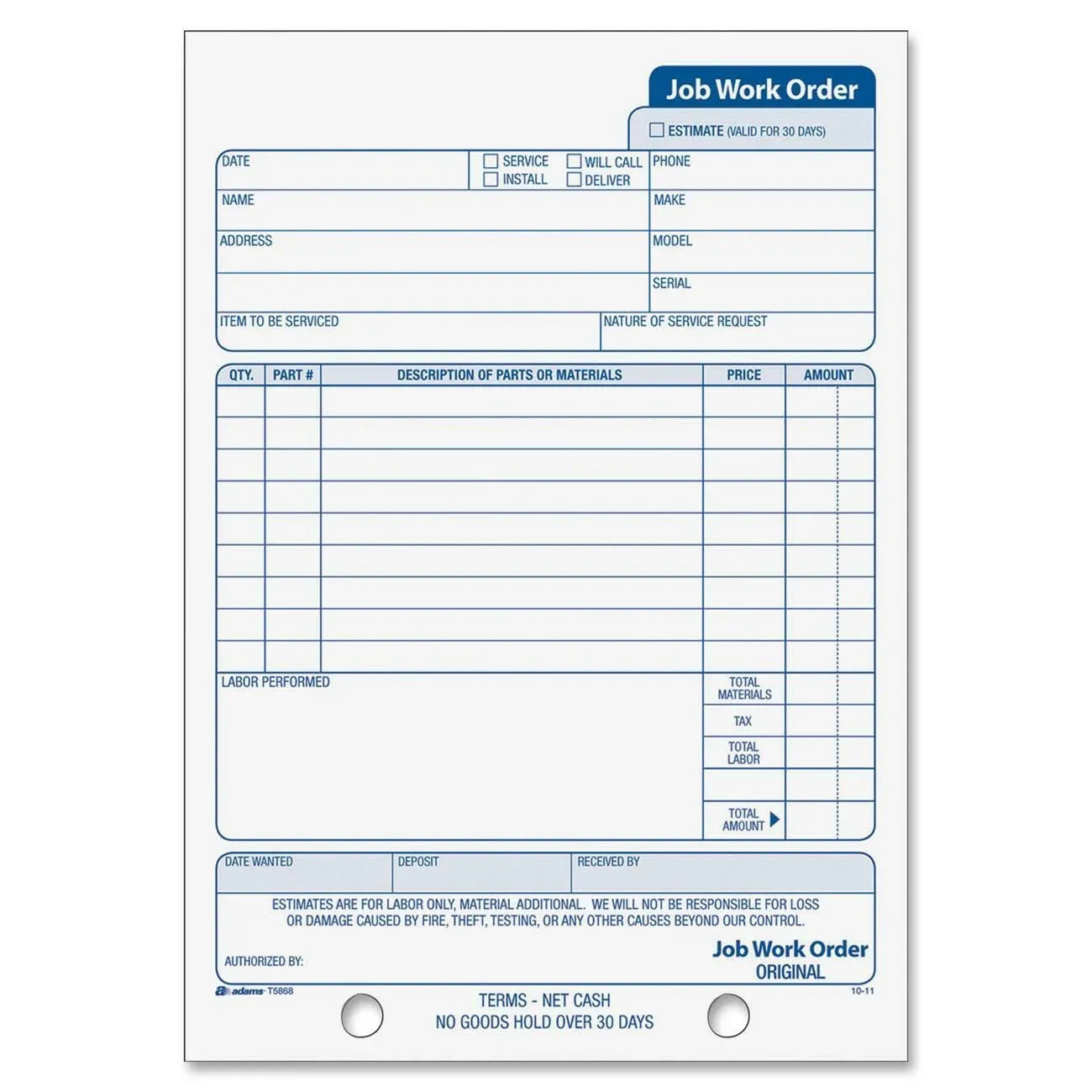 Adams Job Work Order Book, 3-Part Carbonless, 33 Sets, White 5-9/16&#034; X 8-7/16&#034;