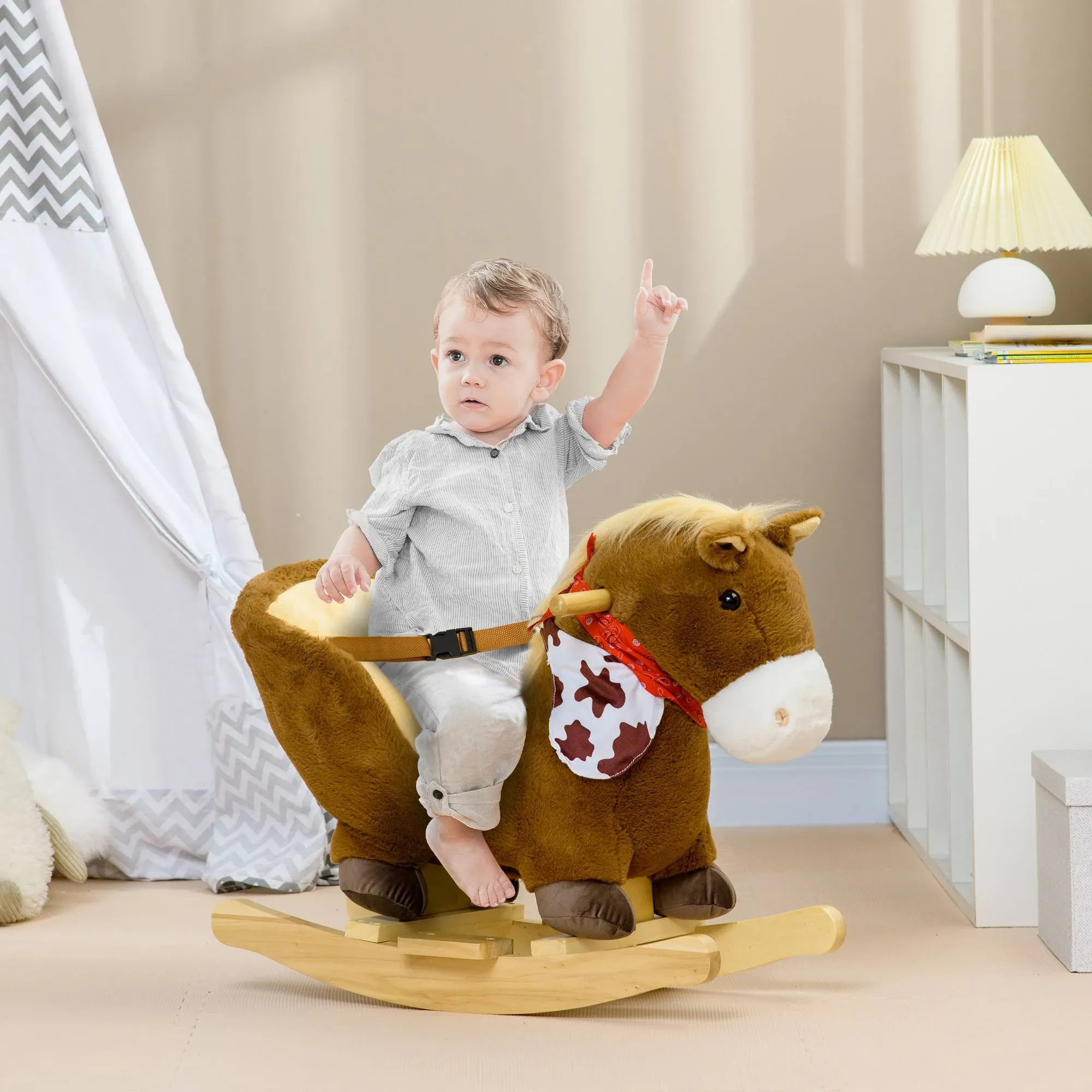 Qaba Baby Rocking Horse, Riding Horse, Plush Animal Rocker with Realistic Sound, Pedals for Ages 18-36 Months, Brown