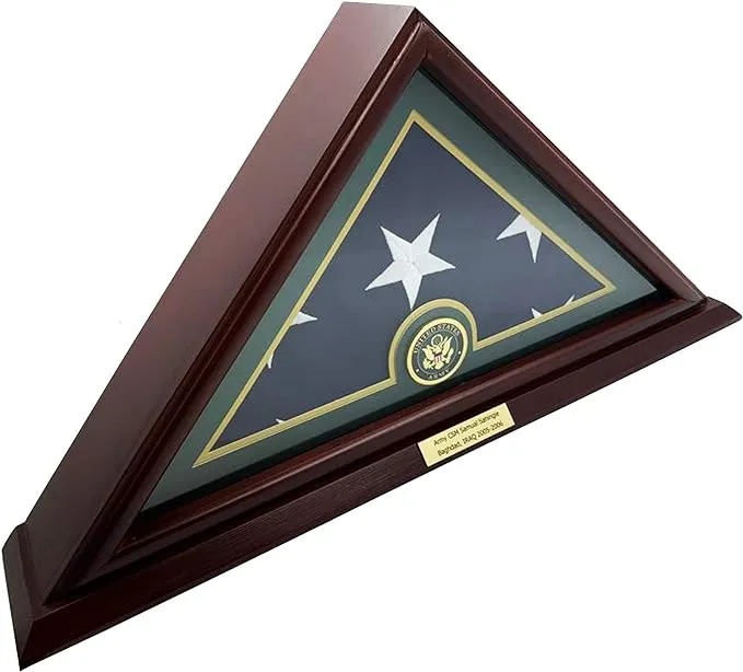 DECOMIL 5x9 American Veteran Burial Flag Display Case, Solid Wood, Cherry Finish, Small Base, Wall Mounted, Customized Name Plate, Army