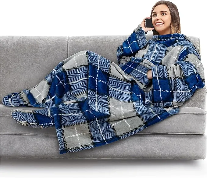 PAVILIA Fleece Blanket with Sleeves and Foot Pockets for Women Men Adult,