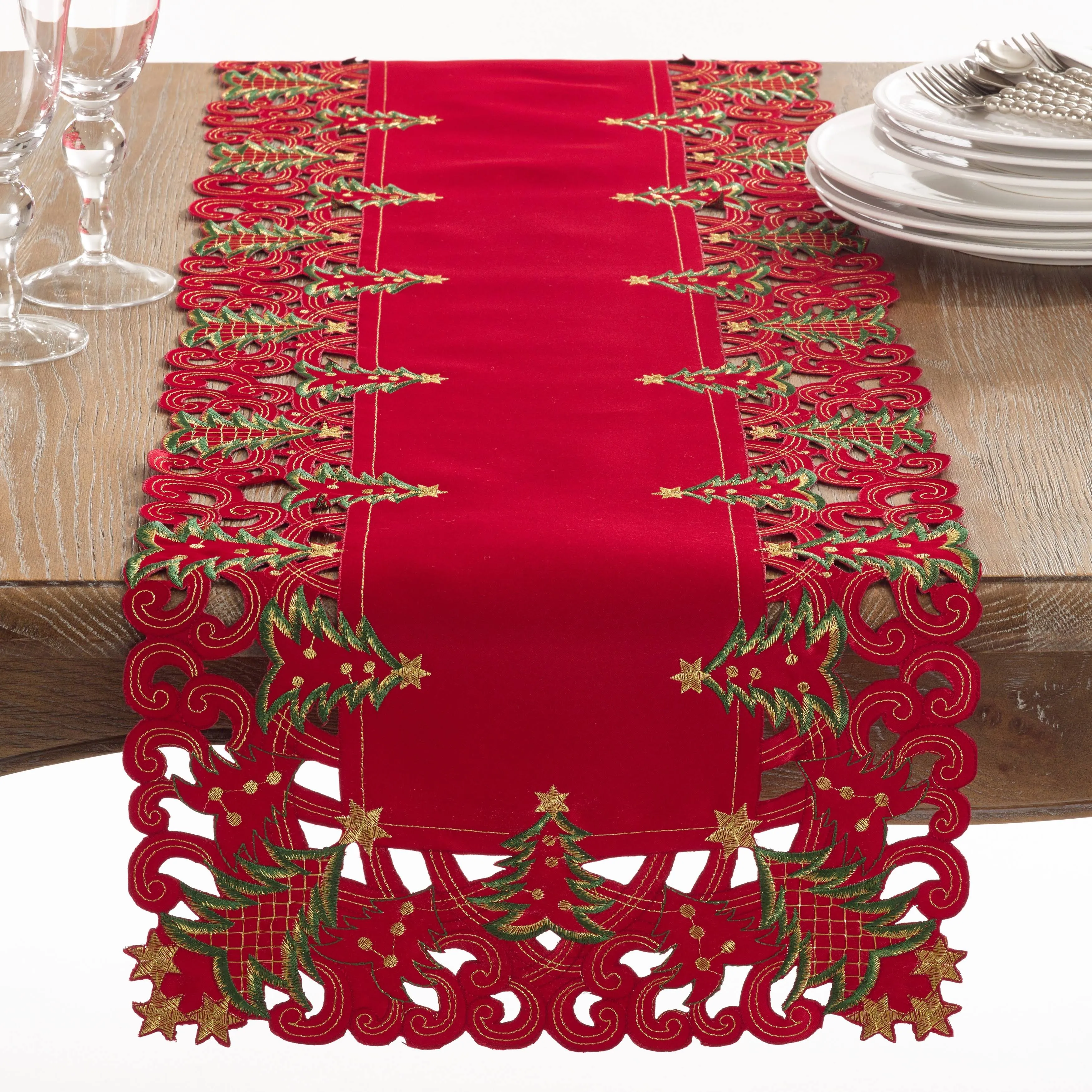 SARO LIFESTYLE Pandoro Collection Holiday Christmas Tree Table Runner, 16" x 68", Red