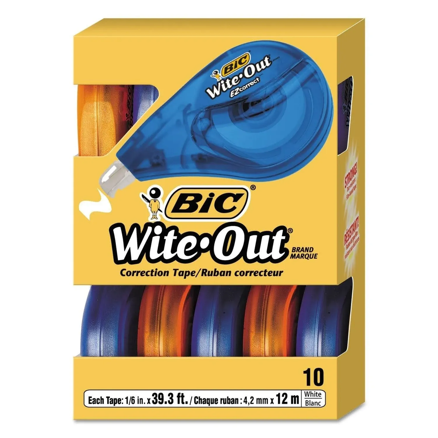 BIC WOTAP10 Correction Tape, 1/5-Inch x39.4-Ft , Single Line, 10/BX, White