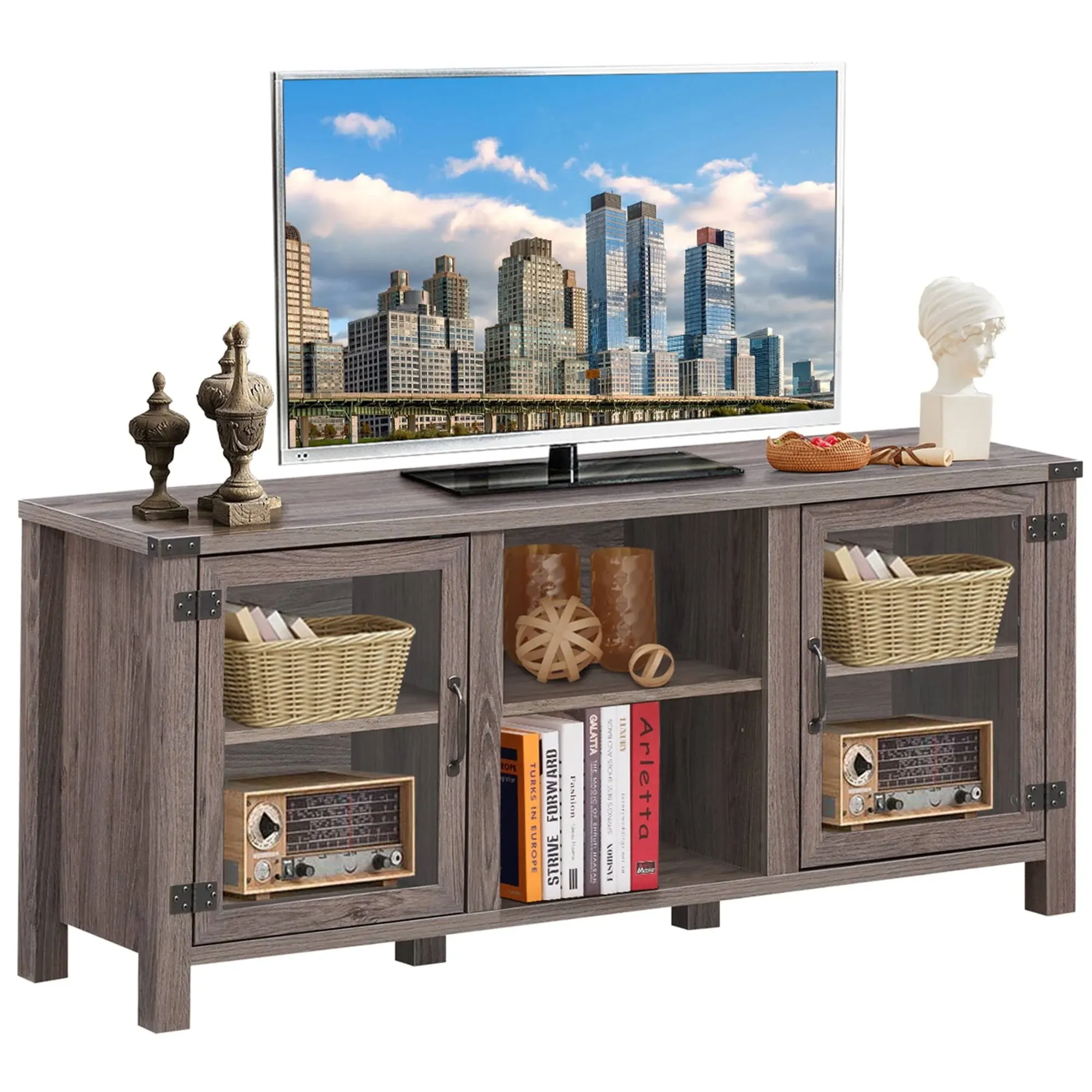 Tangkula Farmhouse TV Stand, Living Room Console Storage Cabinet for TVs up to 65" Flat Screen, Wood Media Entertainment Center w/Adjustable Shelves, 2 Cabinets with Tempered Glass Doors (Deep Taupe)