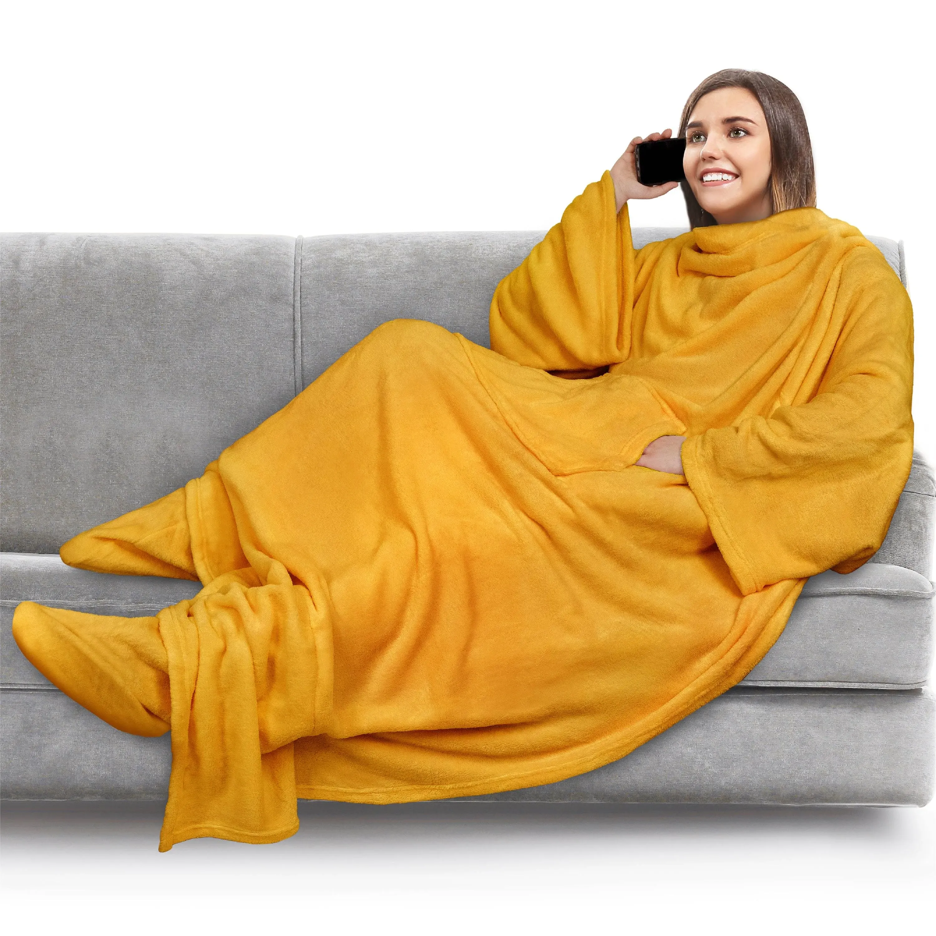 Pavilia Fleece Blanket with Sleeves and Foot Pockets for Women Men Adults, Wearable Blanket Sleeved Throw Wrap, Plush Hug Sleep Pod Snuggle Blanket